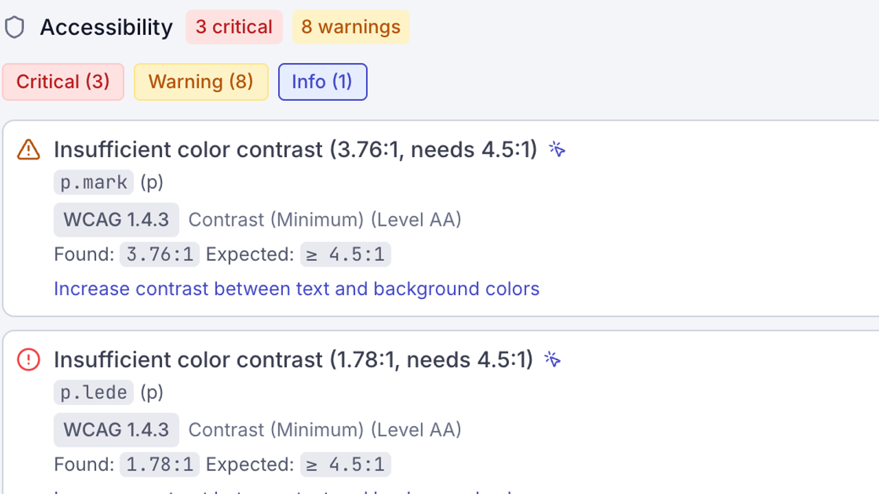 The review viewer’s accessibility panel on a Rook & Rye wholesale document: three critical and eight warnings, with two contrast failures measured at 3.76:1 and 1.78:1 against the 4.5:1 the AA criterion asks for