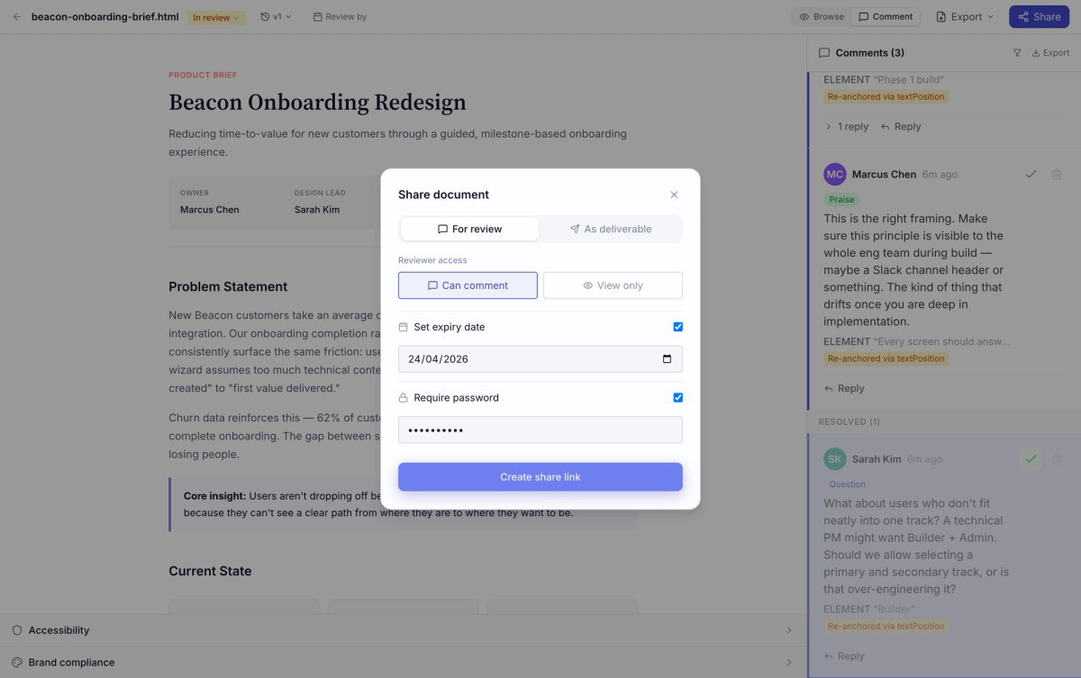 Sidenote share dialog showing link sharing with permission controls and expiry settings