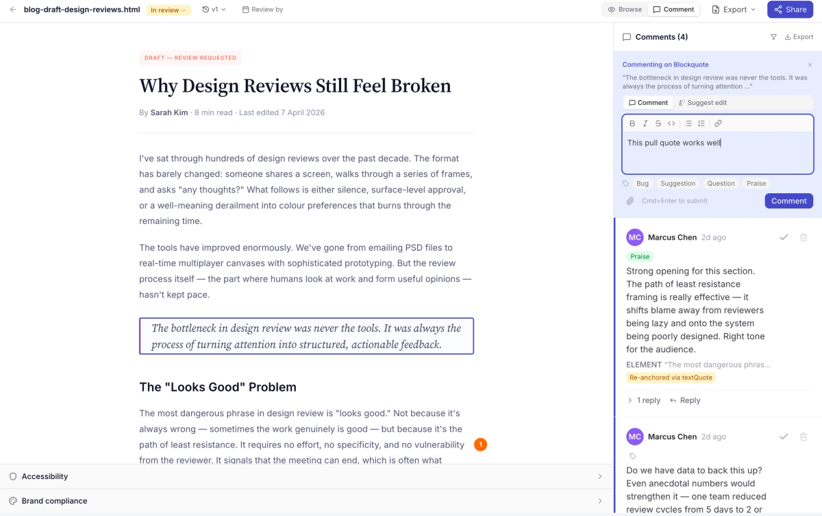 Screenshot of a document with inline annotations categorized by issue type