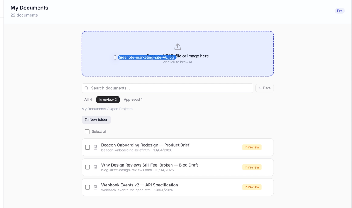 Uploading documents to Sidenote dashboard
