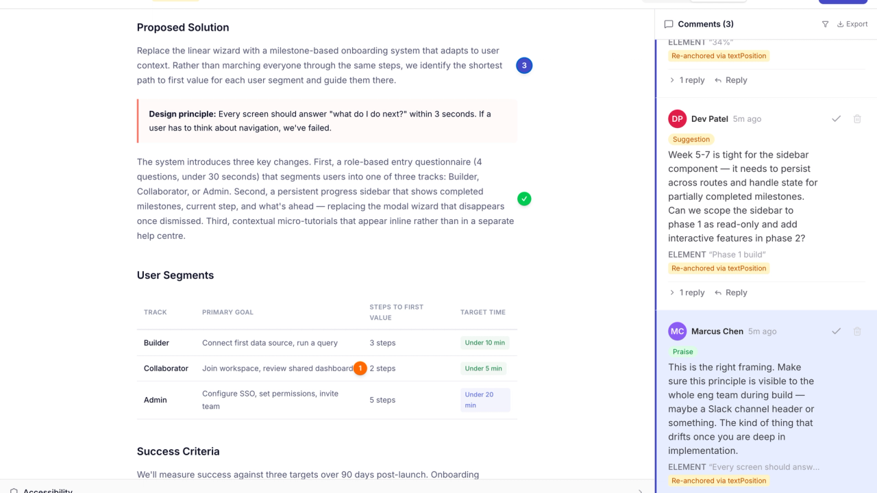 Sidenote annotation interface showing inline feedback anchored to HTML elements with threaded comments and version tracking