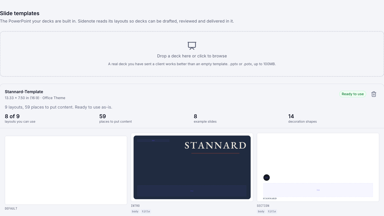 A client PowerPoint read as a template: nine layouts, fifty-nine places to put content