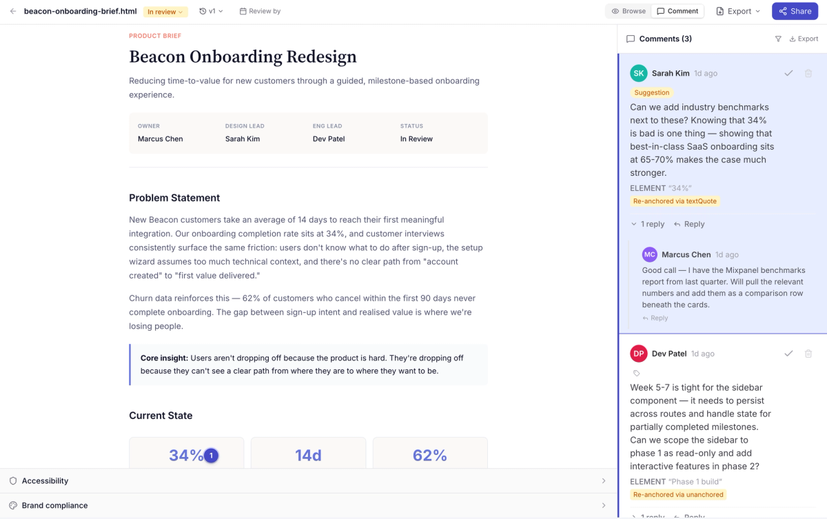 Sidenote review interface showing an HTML document with inline annotations from multiple reviewers