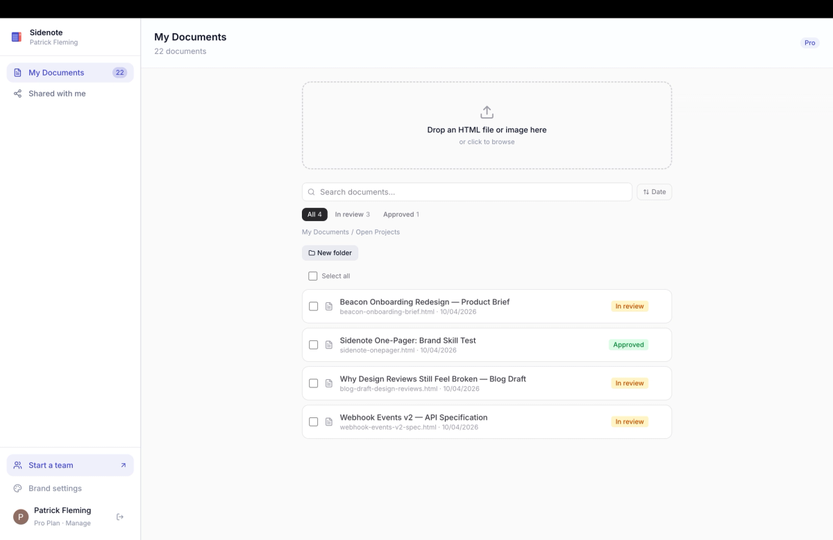Dashboard layout showing sidebar navigation and document list
