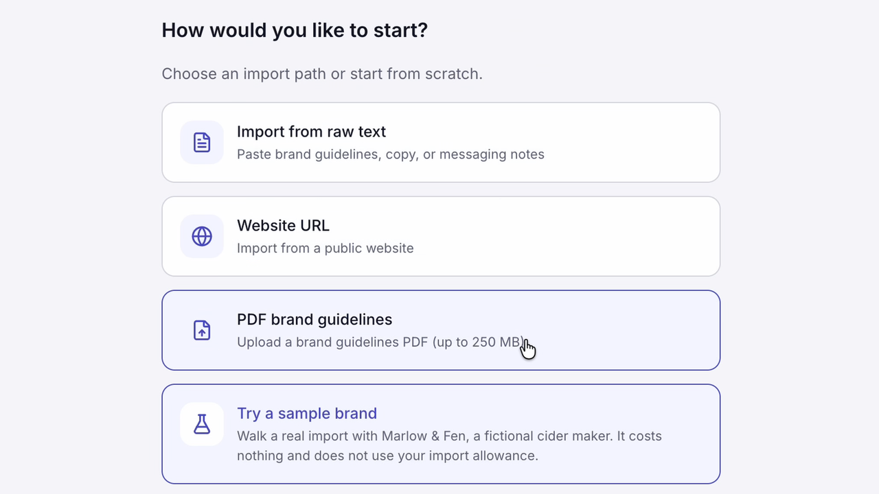 Choosing an import path: raw text, a website URL, a brand guidelines PDF, or a sample brand