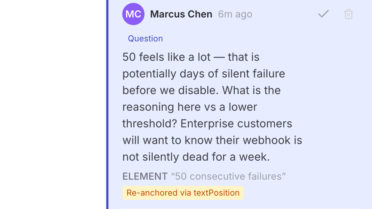 A reviewer's question anchored to the phrase "50 consecutive failures" in the document, re-anchored via textPosition after a new version