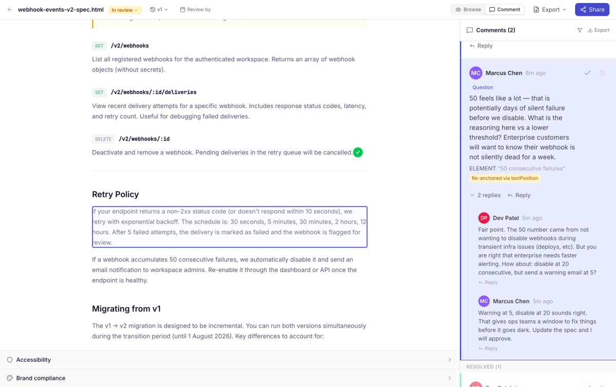Threaded annotation conversation on a document in Sidenote