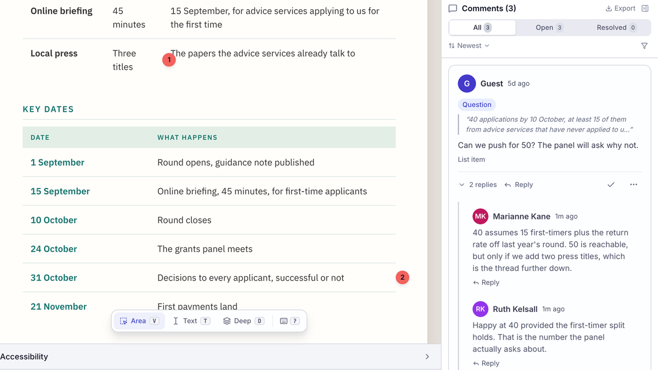 A live review: comments anchored to the elements they belong to, with replies from two reviewers
