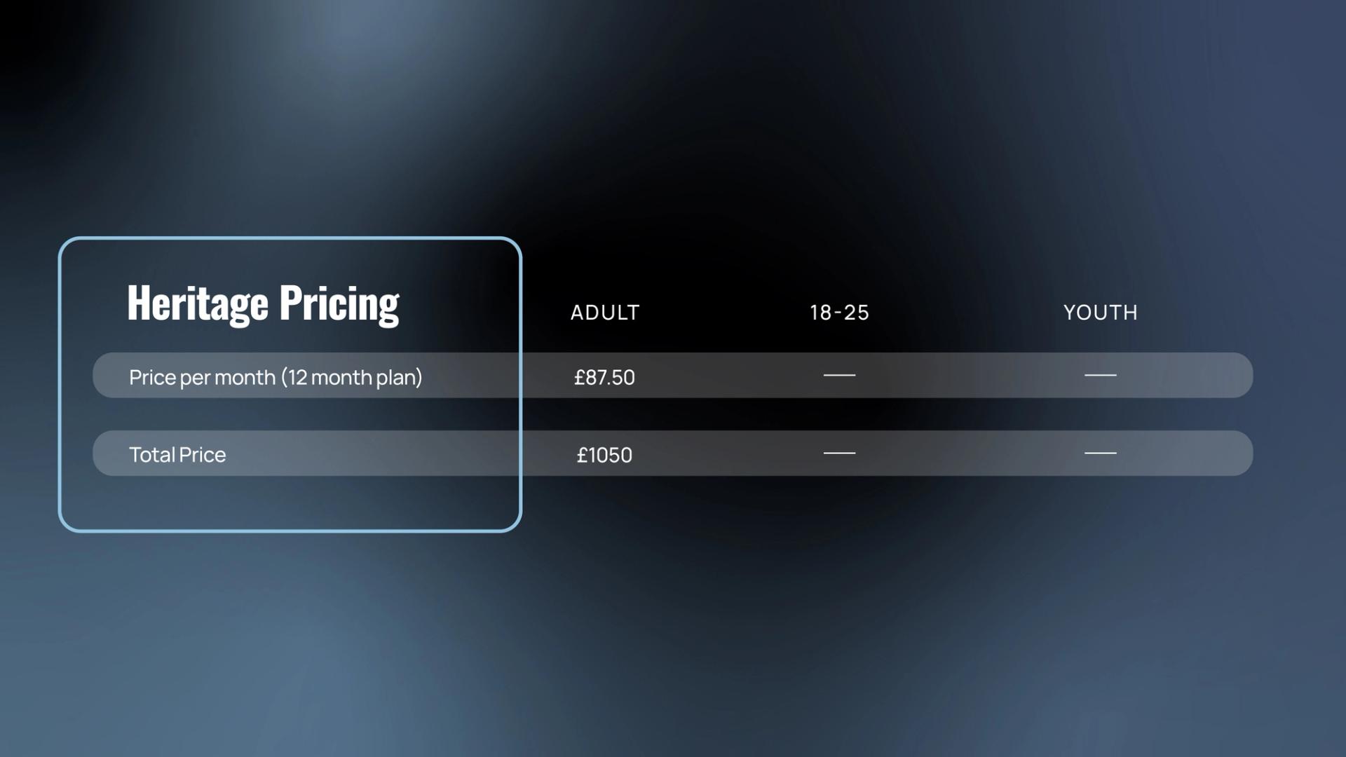 Heritage Membership pricing table