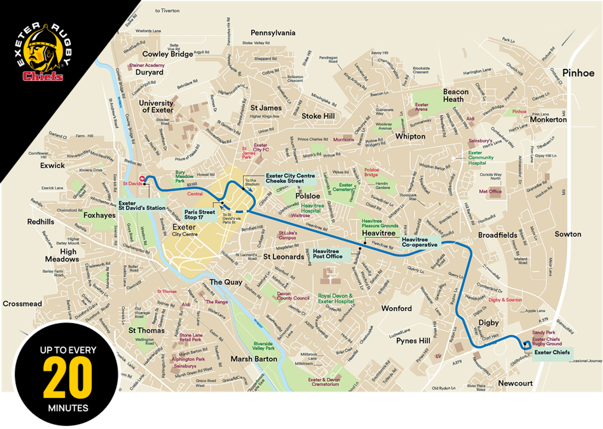 Bus route map to Sandy Park