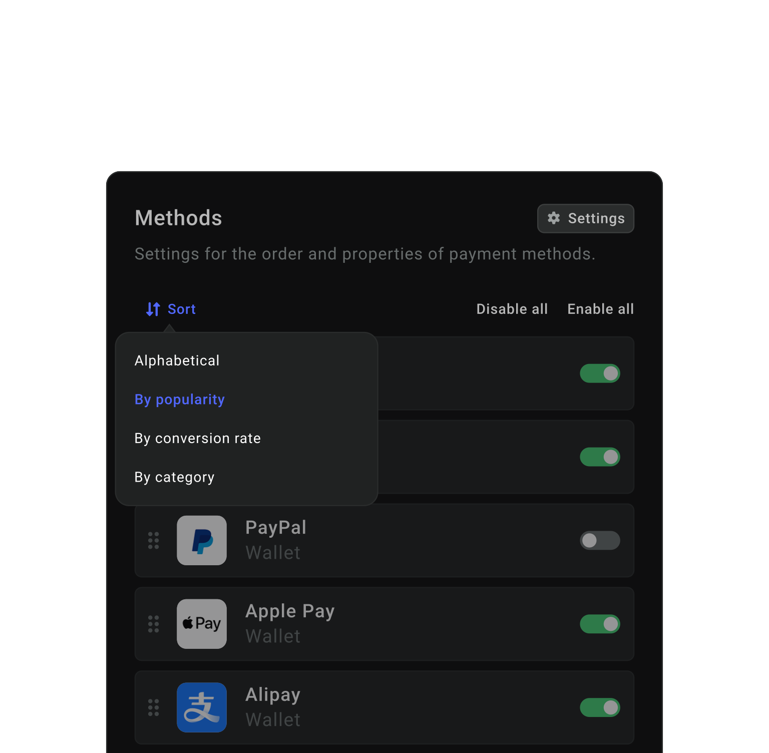 Sorting methods on checkout