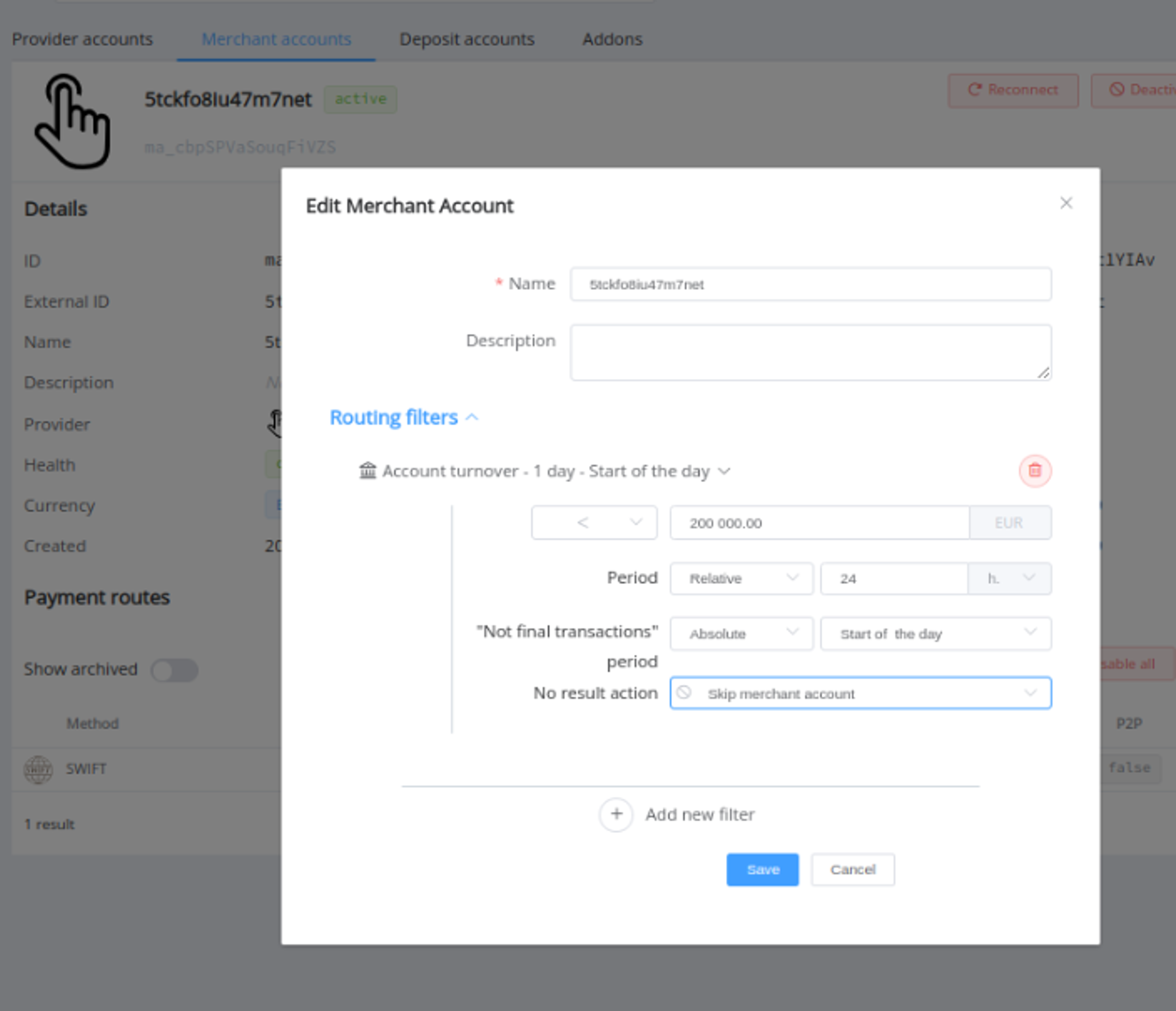 Corefy Merchant account turnover settings