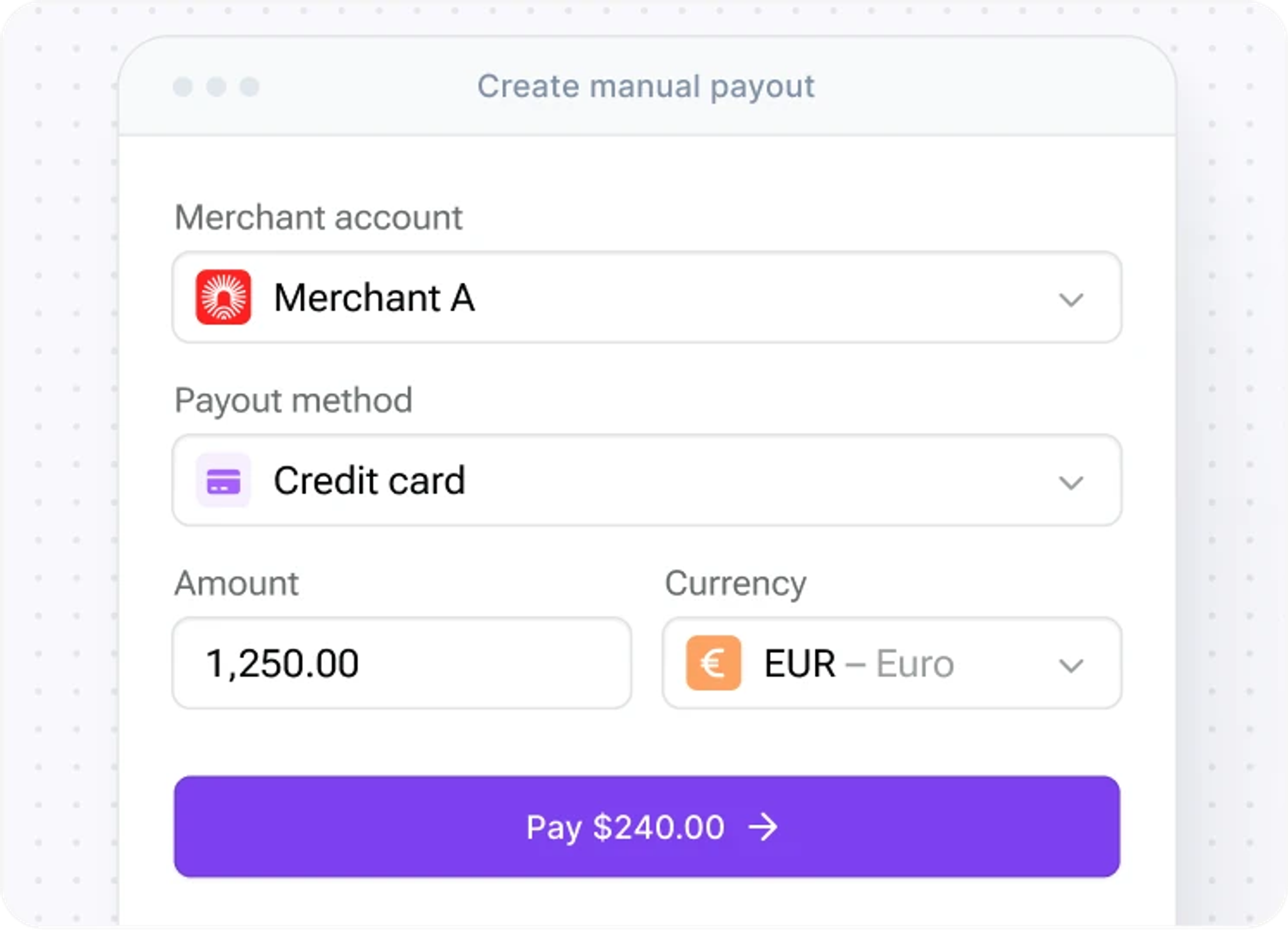 The Create manual payout form in the Corefy dashboard