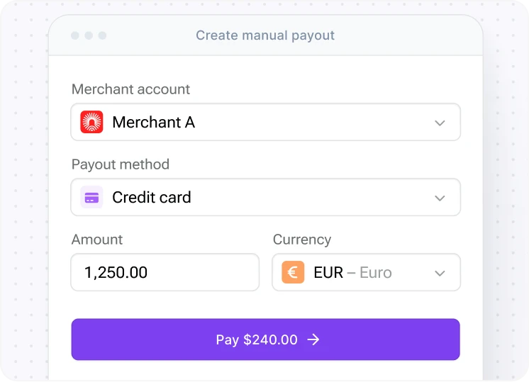 The Create manual payout form in the Corefy dashboard