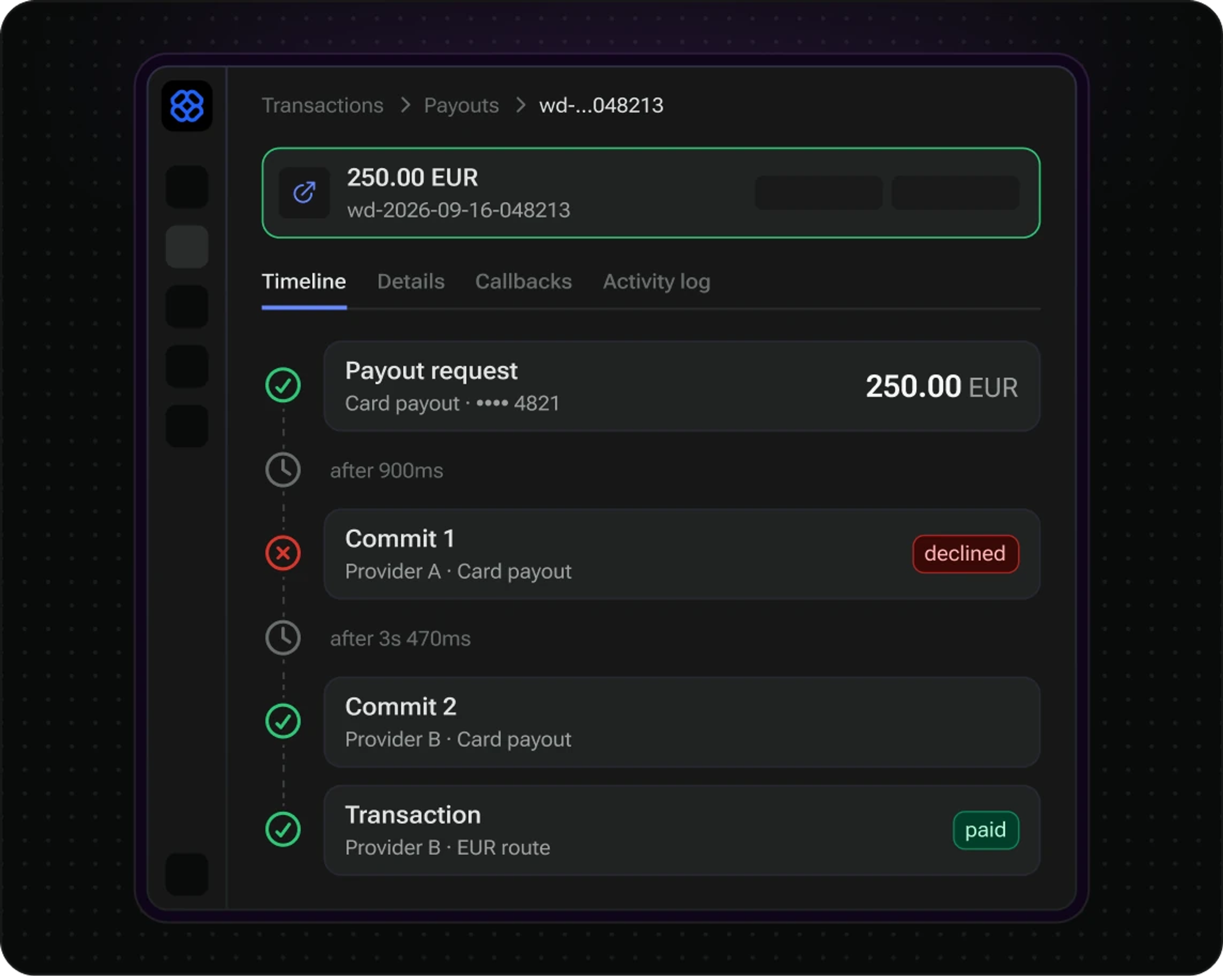 The timeline of a 250 EUR payout: a declined commit, then a paid transaction