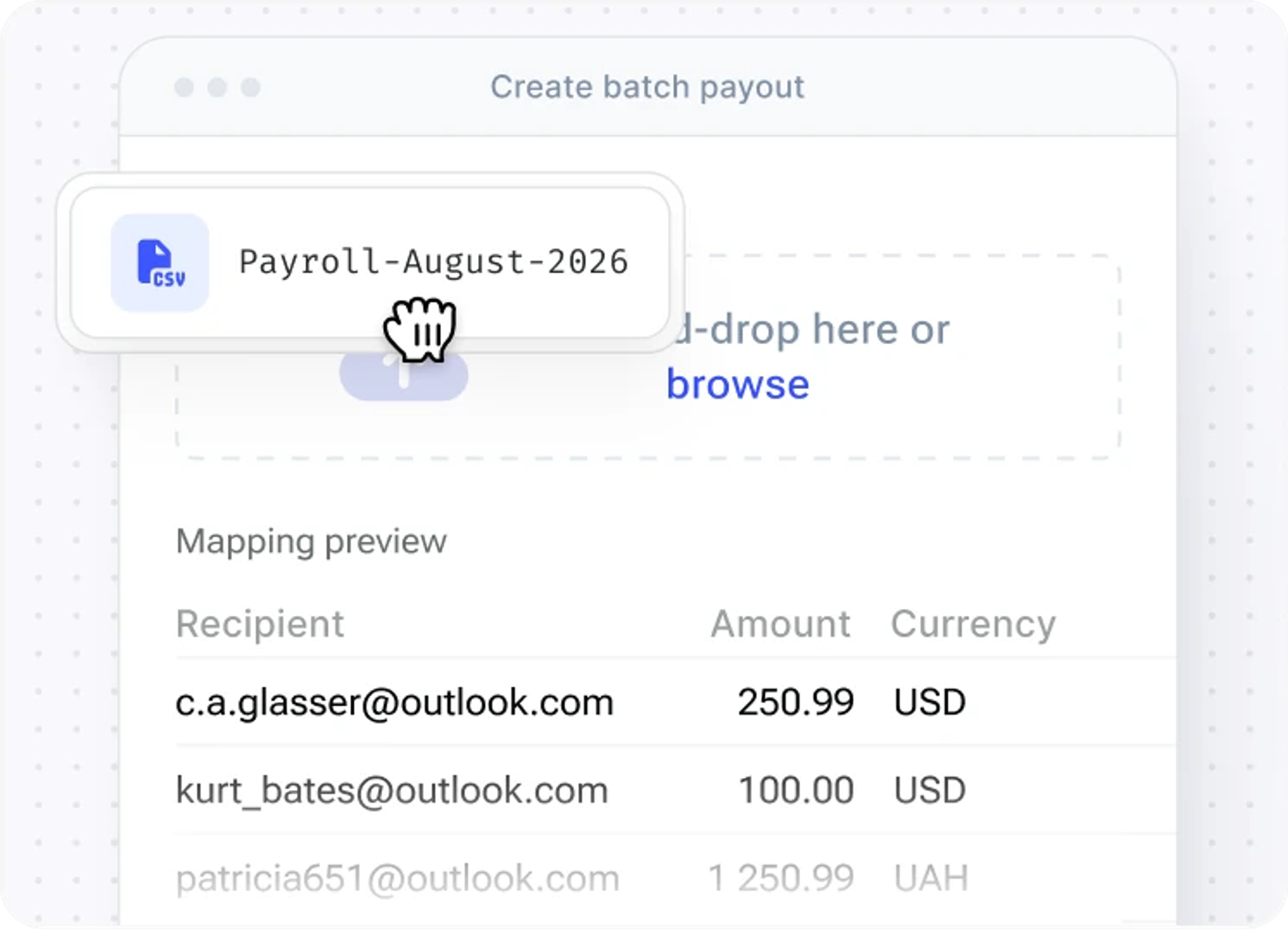 A payroll CSV file dropped into the Create batch payout form