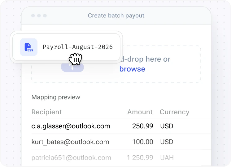 A payroll CSV file dropped into the Create batch payout form