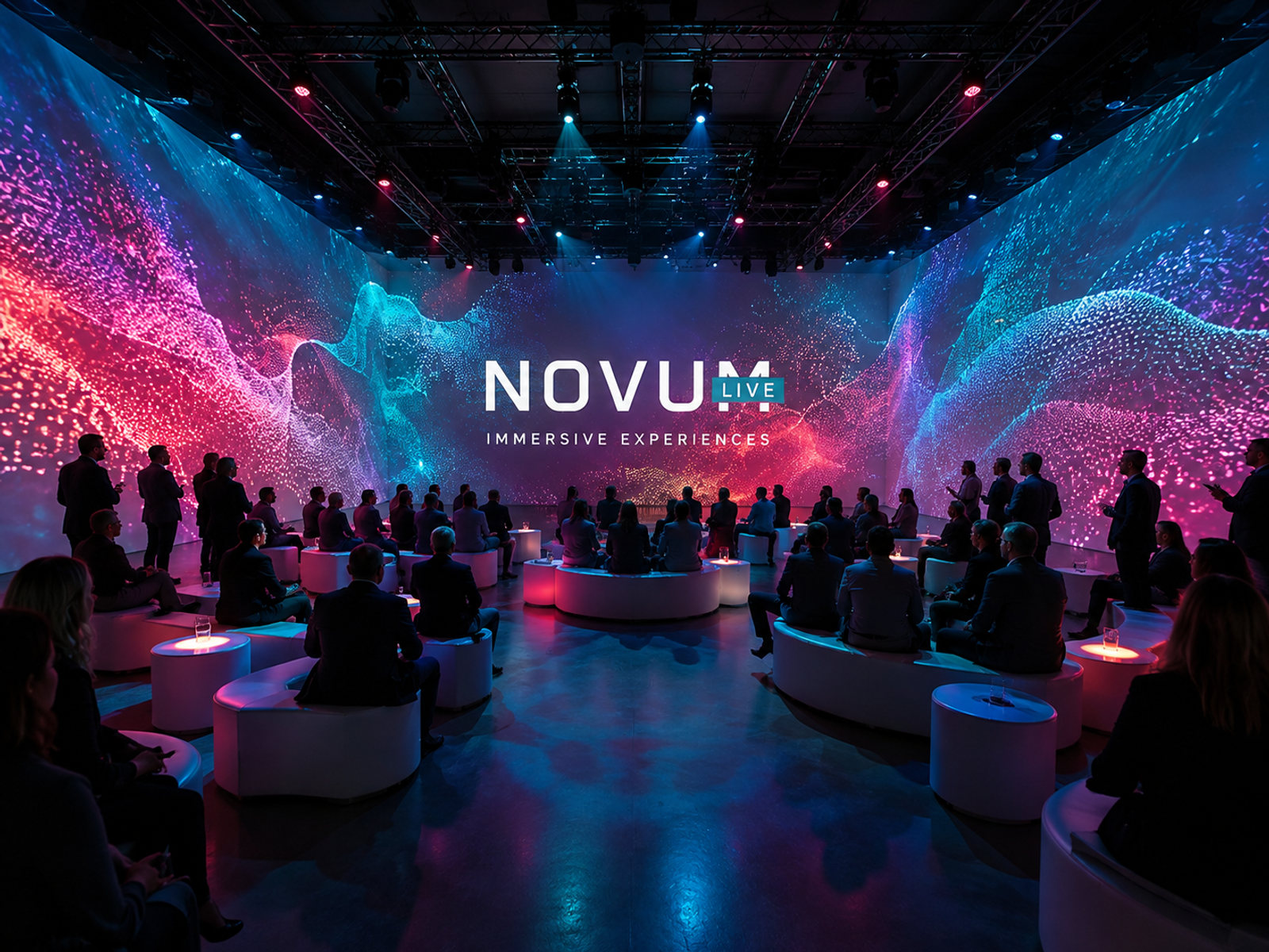 An immersive event experience featuring vibrant digital projections, dramatic lighting and a seated audience surrounded by Novum Live branded visuals.