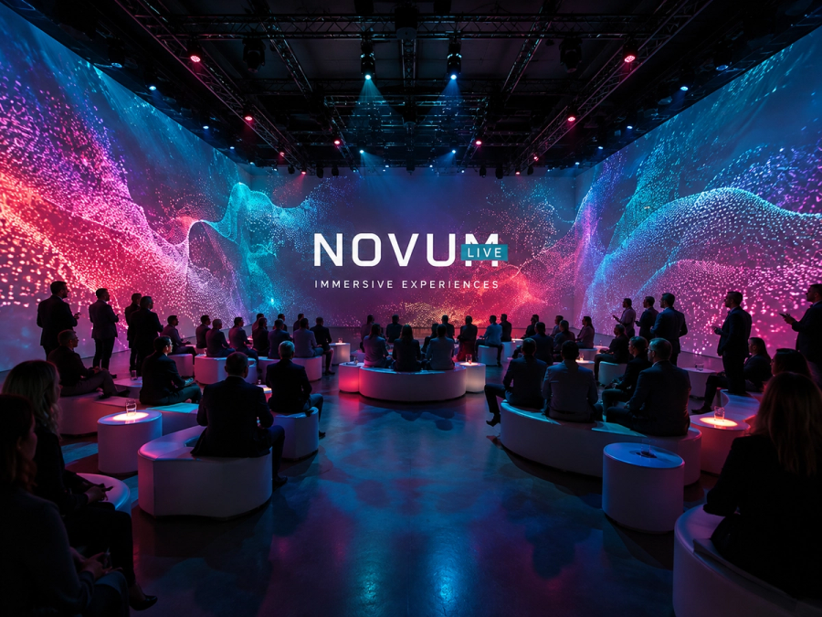 An immersive event experience featuring vibrant digital projections, dramatic lighting and a seated audience surrounded by Novum Live branded visuals.