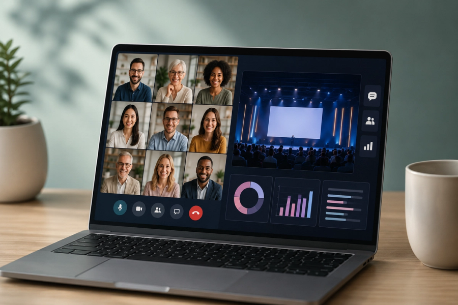 A laptop displaying a digital event platform, featuring a virtual video call, a live event presentation and real-time event analytics.
