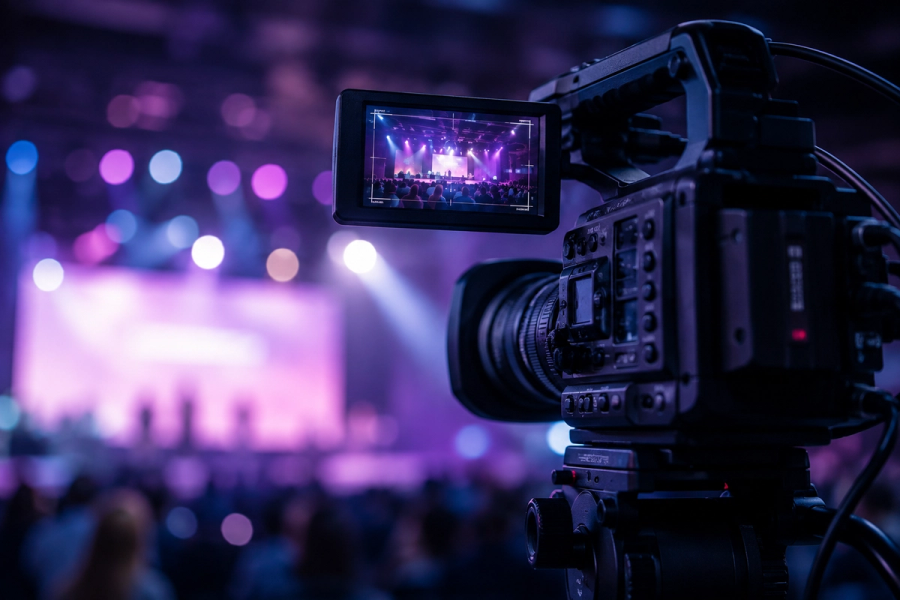 Professional video camera filming a live event, with a brightly lit stage and audience in the background