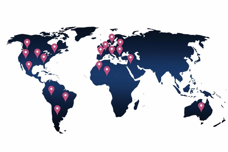 World map with location pins across the UK and international destinations, representing our global venue finding service