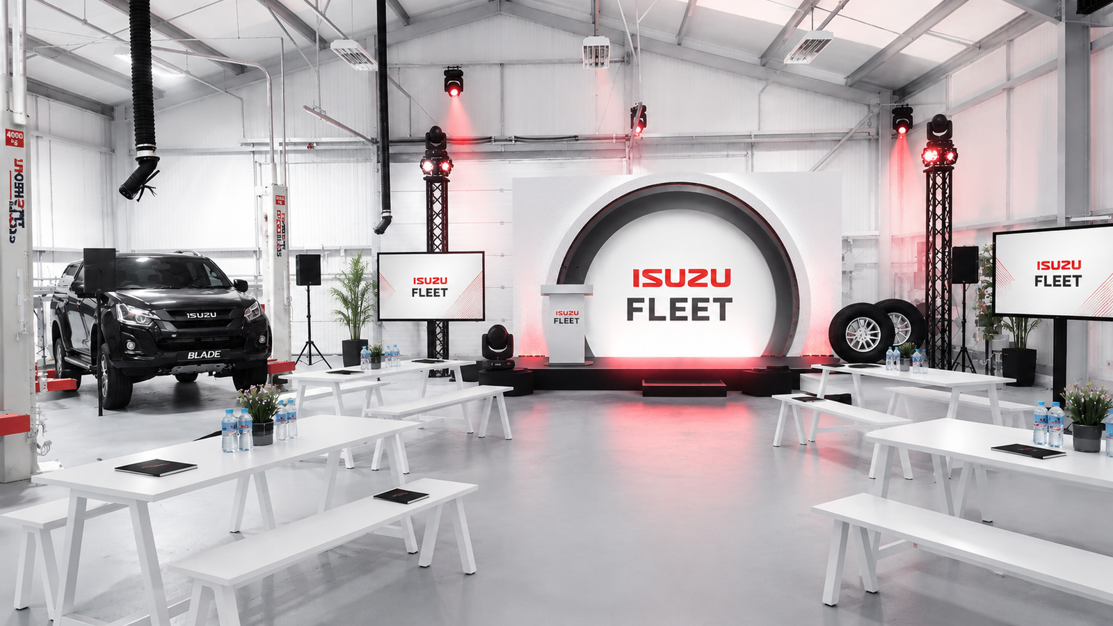 Isuzu Fleet product launch event featuring a branded presentation stage, display screens, professional lighting, audience seating and an Isuzu vehicle.