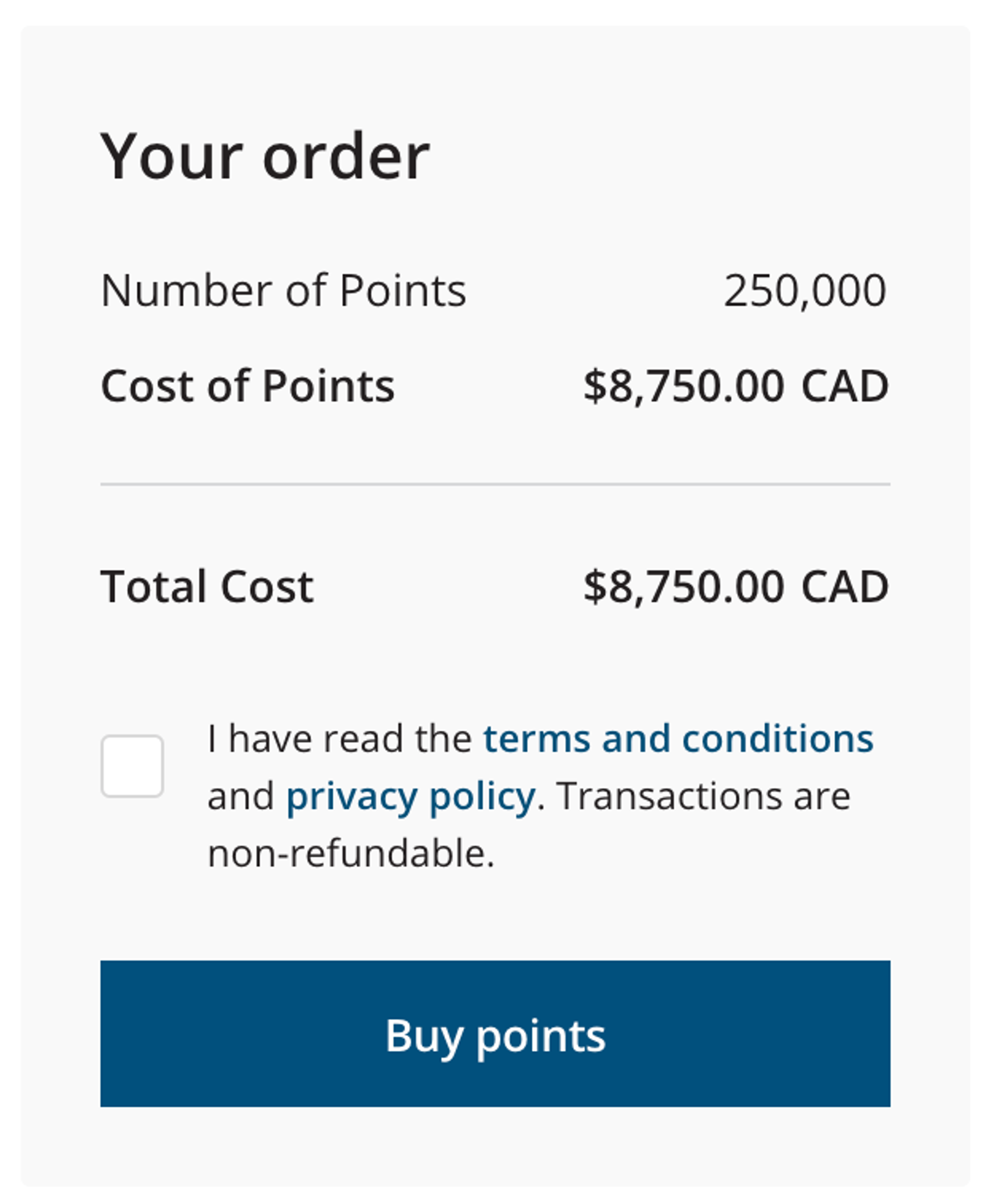 Example of Buying 250,000 Aeroplan points for $8,750 Canadian dollars