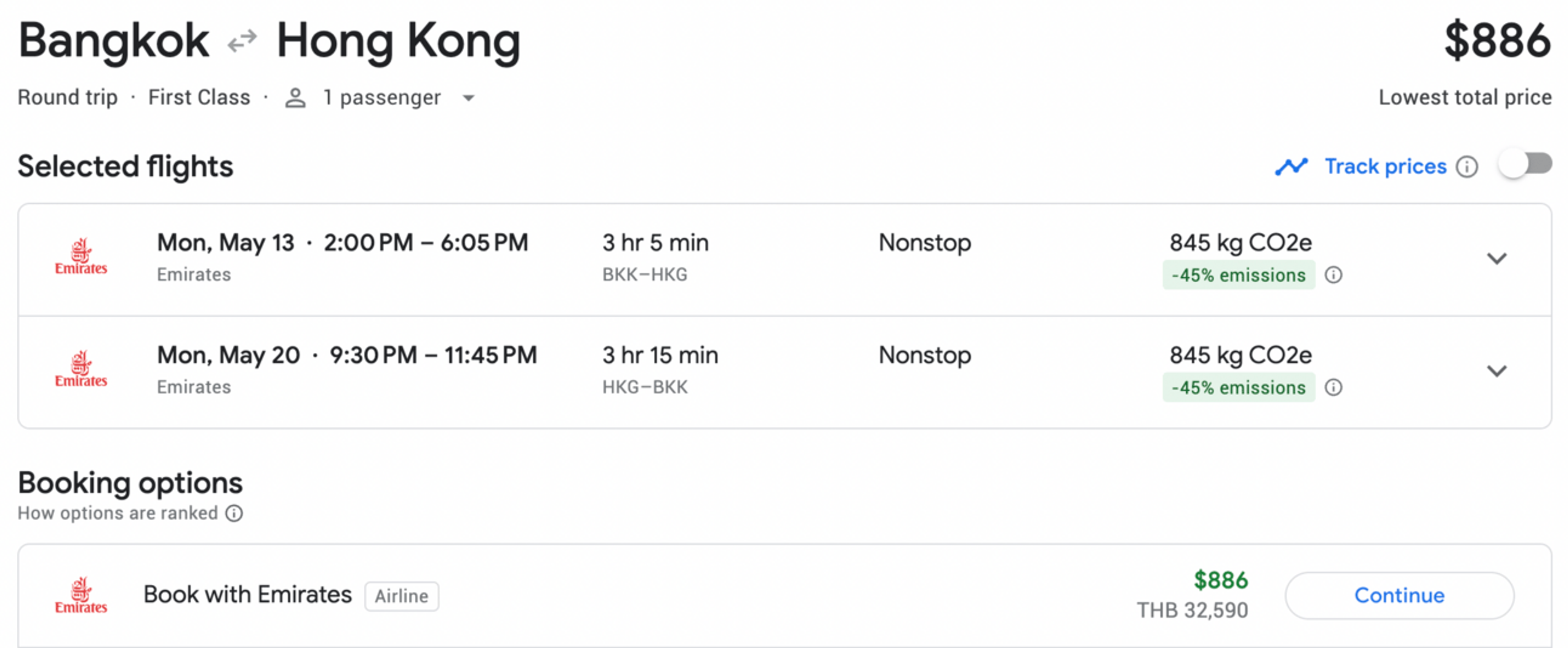 Sample Emirates first-class cash booking on Google Flights
