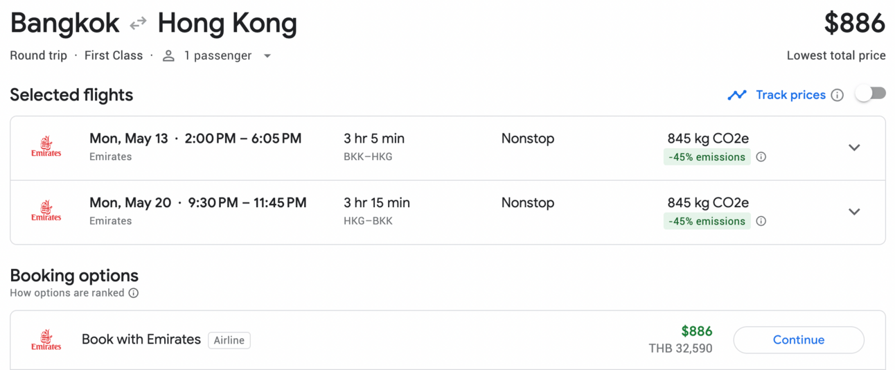 Sample Emirates first-class cash booking on Google Flights