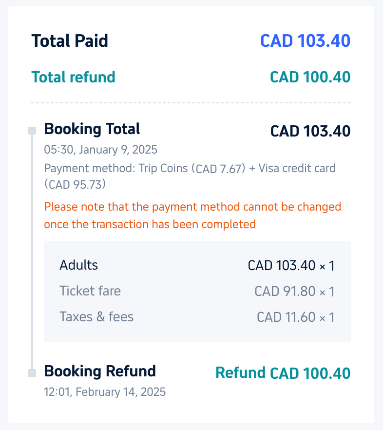 Screenshot showing my flight refund through the Trip.com app