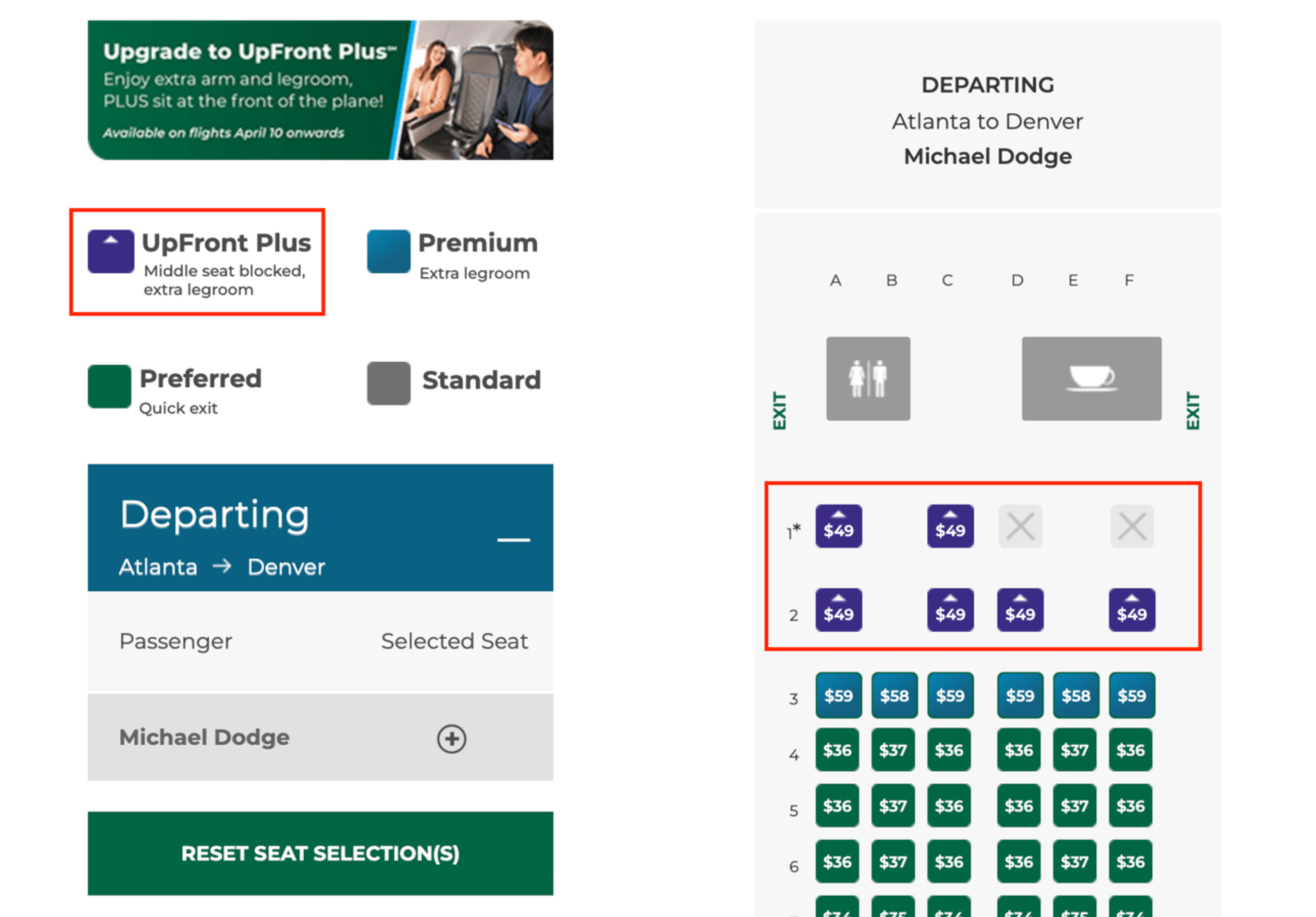 Frontier's seat selection page, showing UpFront Plus for $49