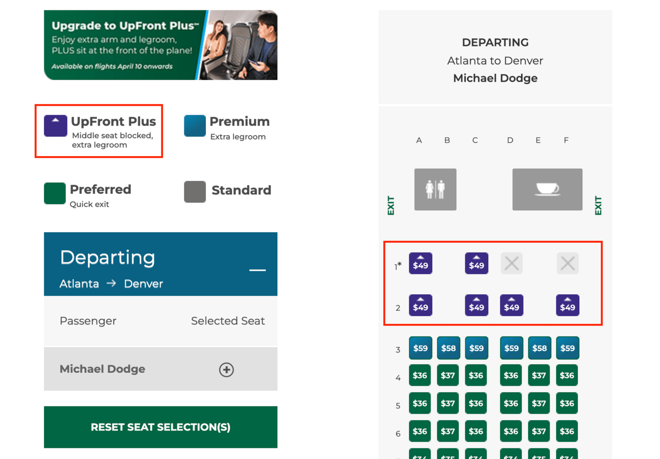 Frontier's seat selection page, showing UpFront Plus for $49