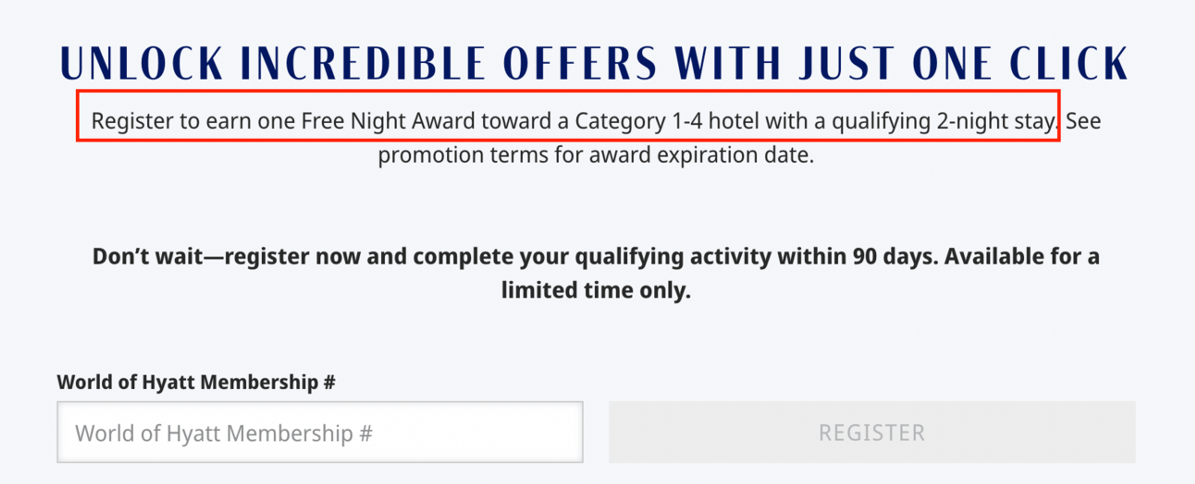 A screenshot showing the registration page for one of Hyatt's various targeted offers