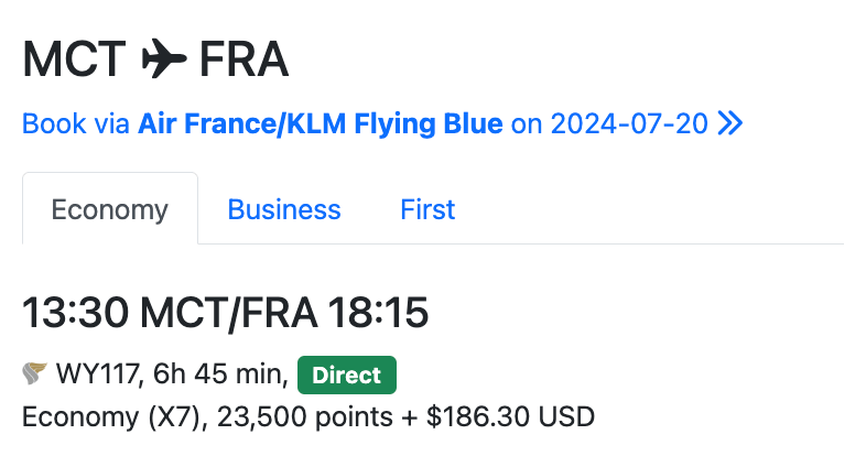 Example of a flight from Muscat to Frankfurt for 23,500 miles