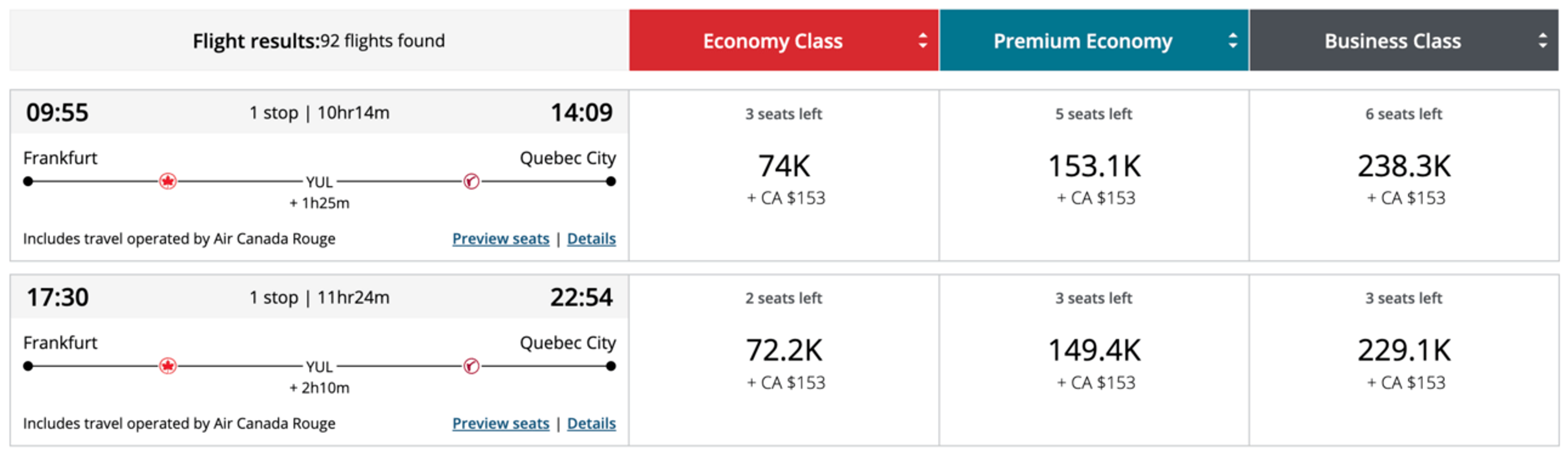 Sample booking on Aeroplan’s website