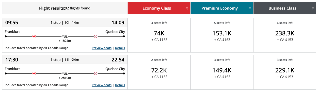 Sample booking on Aeroplan’s website