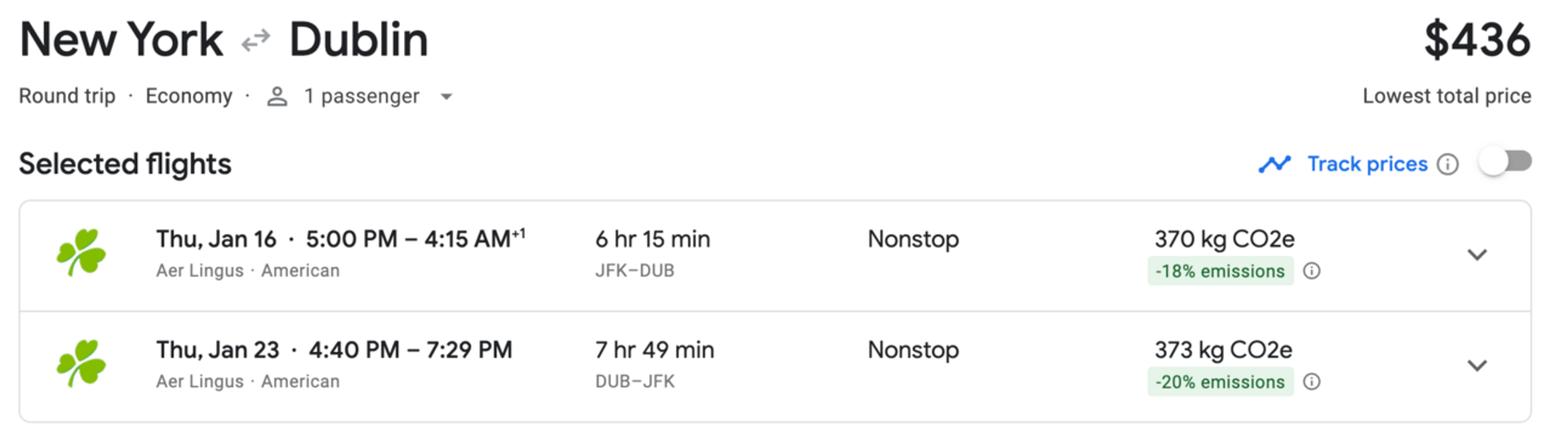 New York to Dublin for $436 in Google Flights