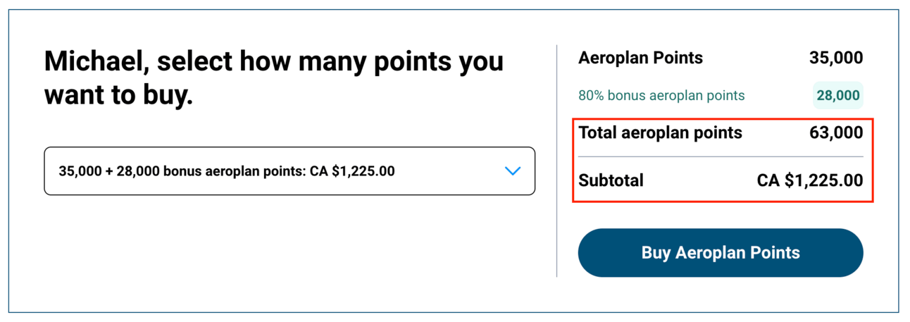 Buy 63,000 Aeroplan points for $1,225 CAD with this bonus