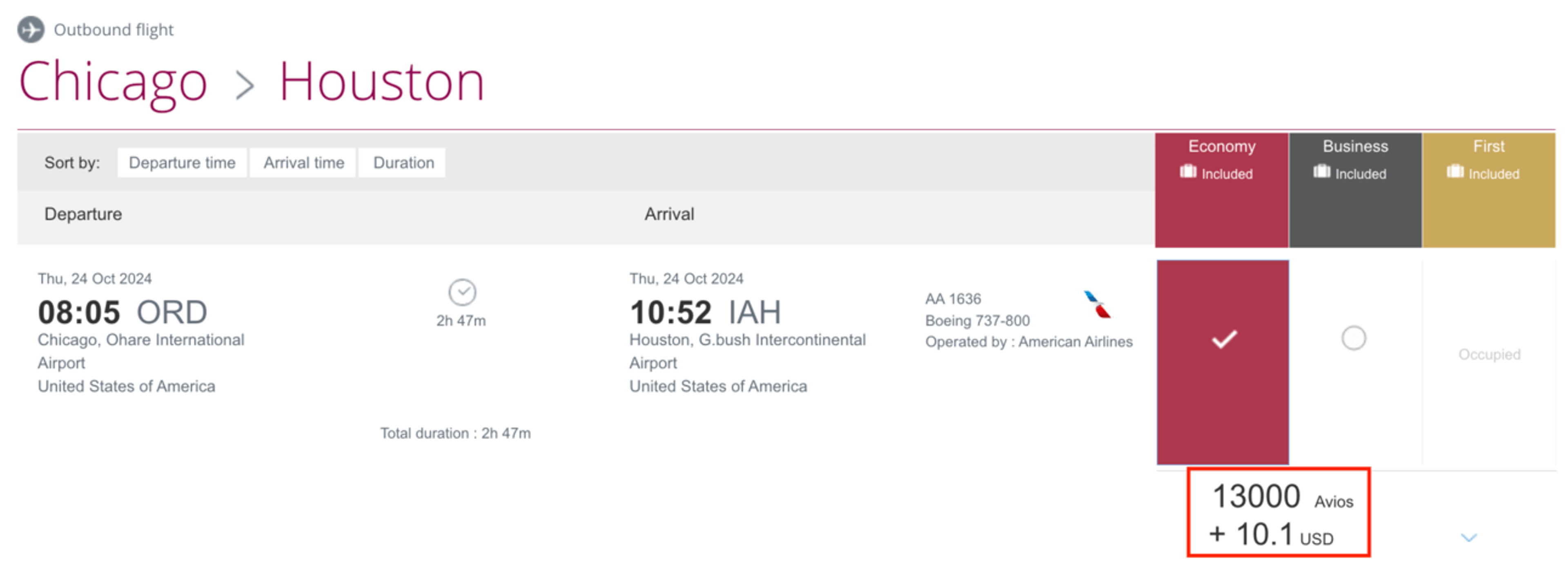 An example of a flight booked through Qatar's website from Chicago to Houston for 13,000 Avios