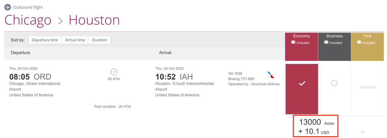 An example of a flight booked through Qatar's website from Chicago to Houston for 13,000 Avios
