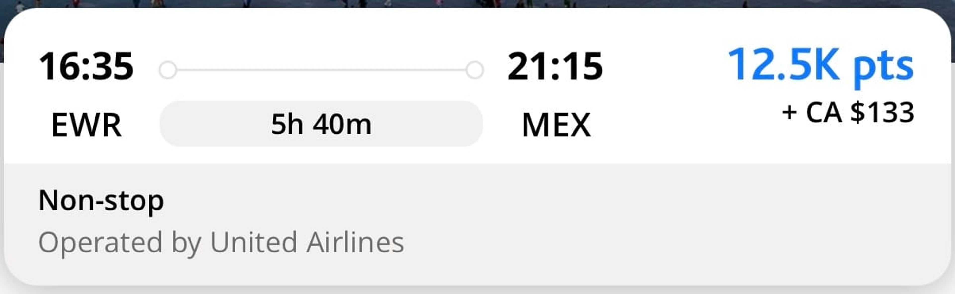 A screenshot from Aeroplan's website showing a nonstop flight from New York to Mexico City for just 12,500 points, less than half of what United charges