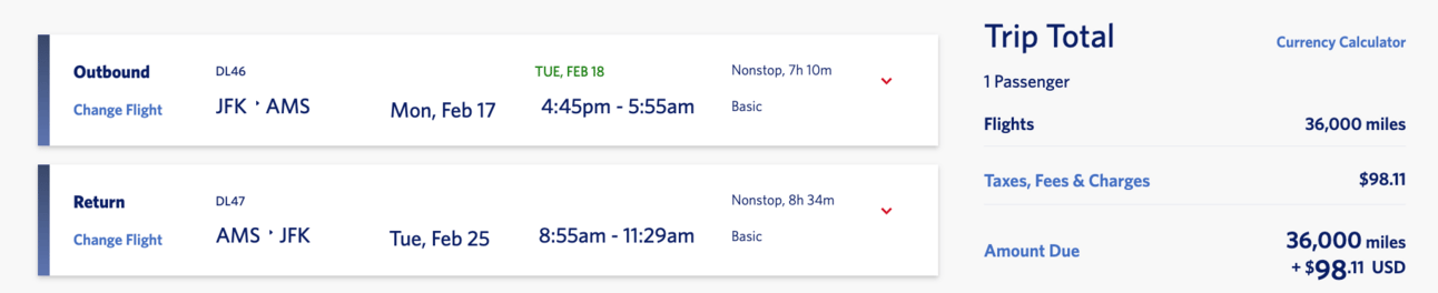 New York to Amsterdam for 36,000 Delta SkyMiles round trip