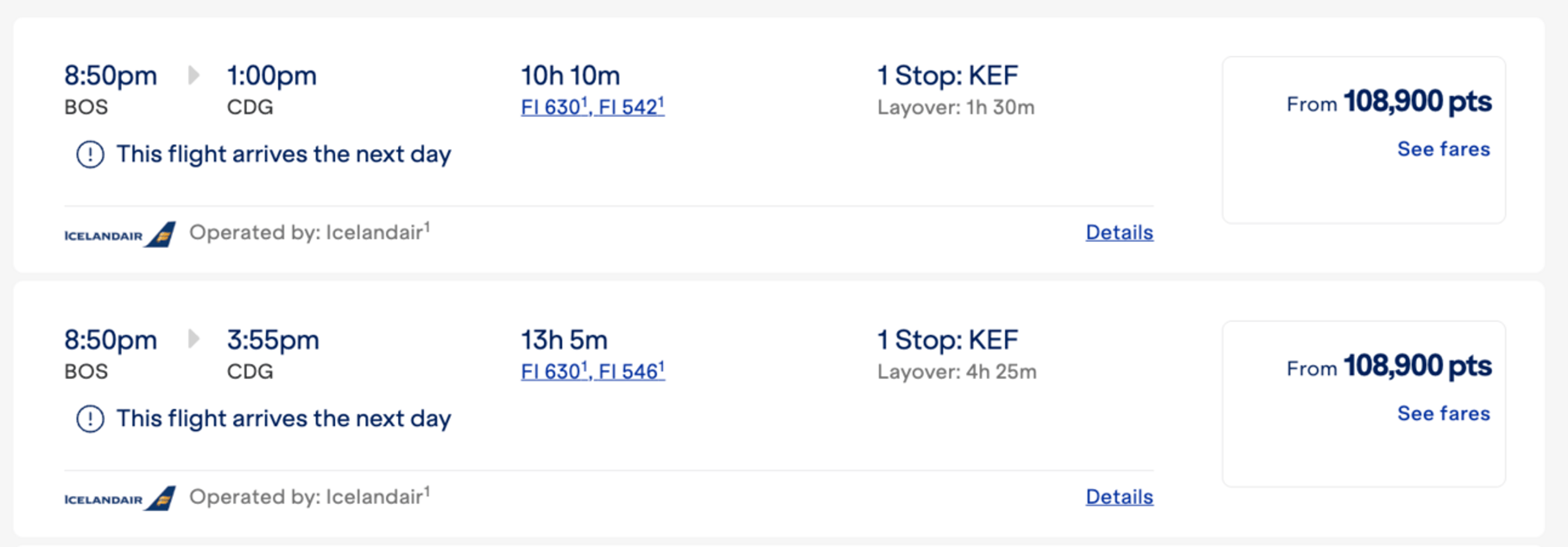Boston to Paris on Icelandair for 108k Jetblue points