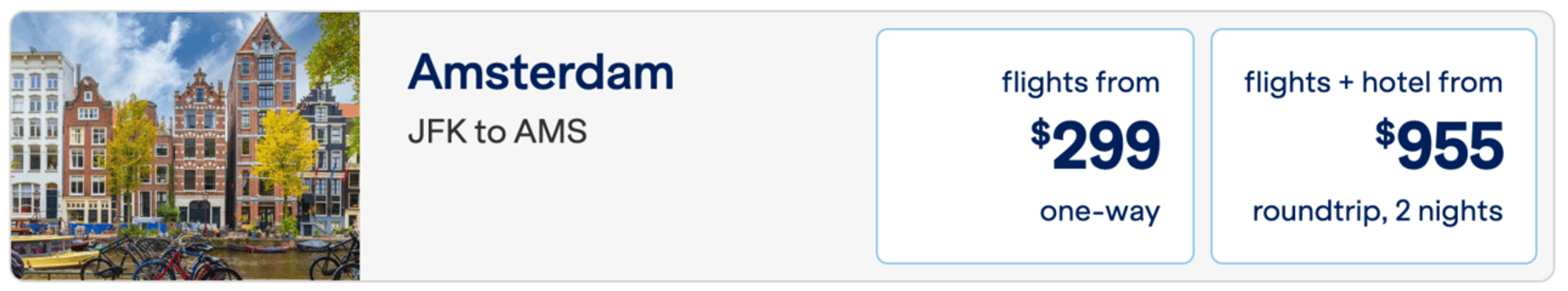 A screenshot of a JetBlue flight from the U.S. to Amsterdam for $299