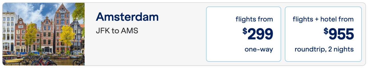 A screenshot of a JetBlue flight from the U.S. to Amsterdam for $299