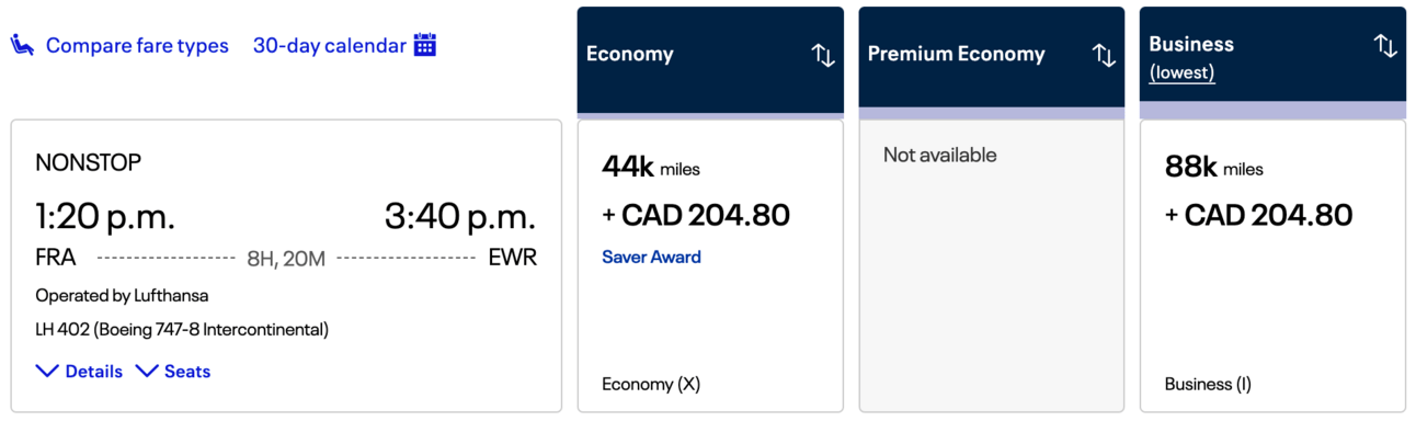 United business-class transatlantic flight for 88,000 miles