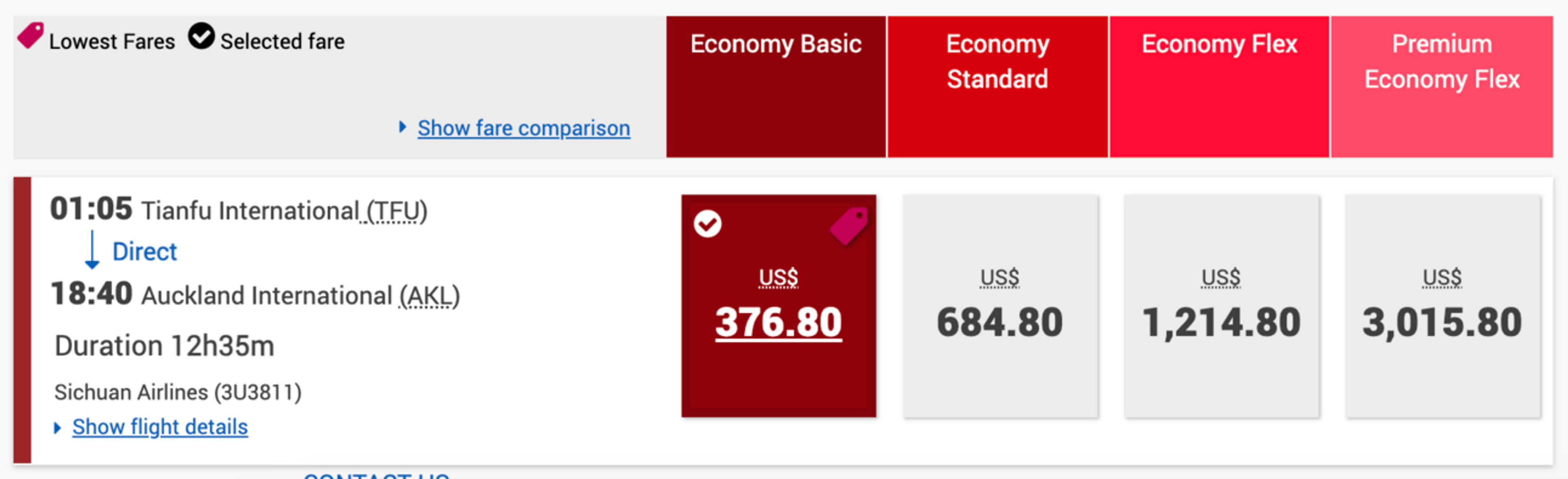 Final booking page on Sichuan Airlines' website