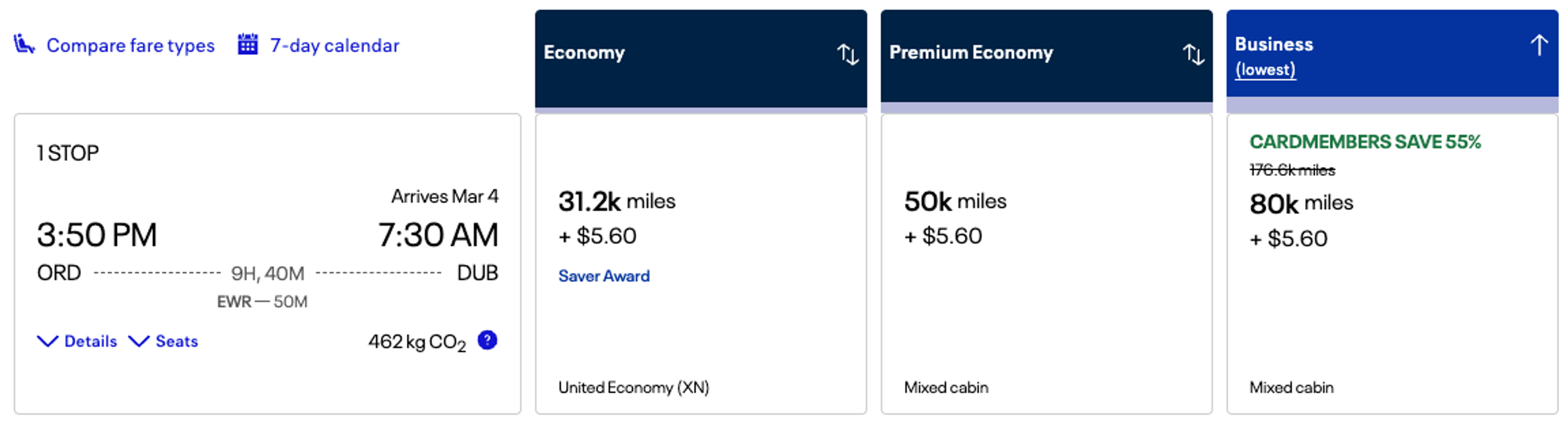 ORD to DUB for 80k miles business class