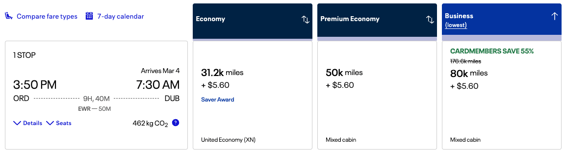 ORD to DUB for 80k miles business class